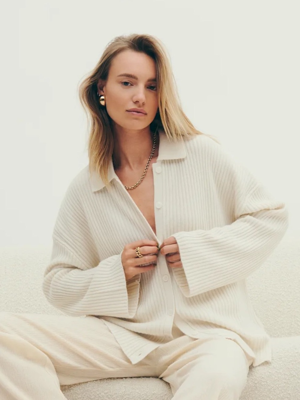 Reformation Fantino Cashmere Collared Cardigan Gossamer White Small